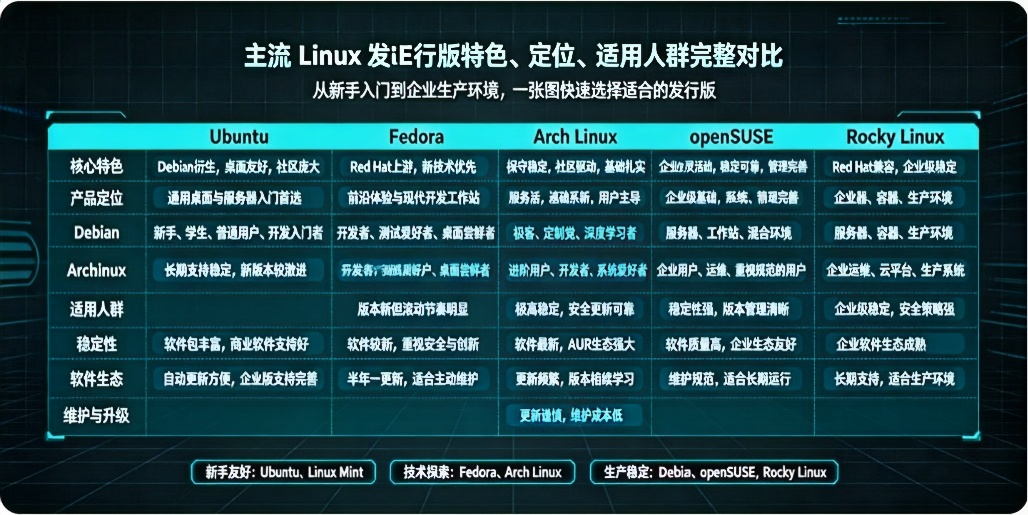主流 Linux 发行版特色、定位、适用人群完整对比