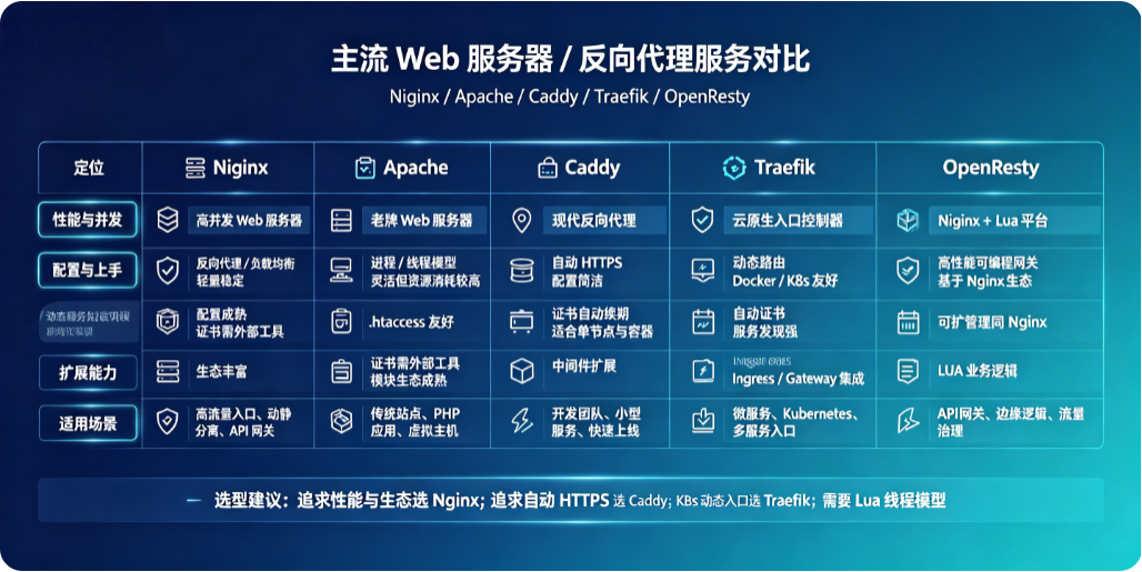 主流 Web 服务器 / 反向代理服务对比（Nginx/Apache Caddy/Traefik/OpenResty）