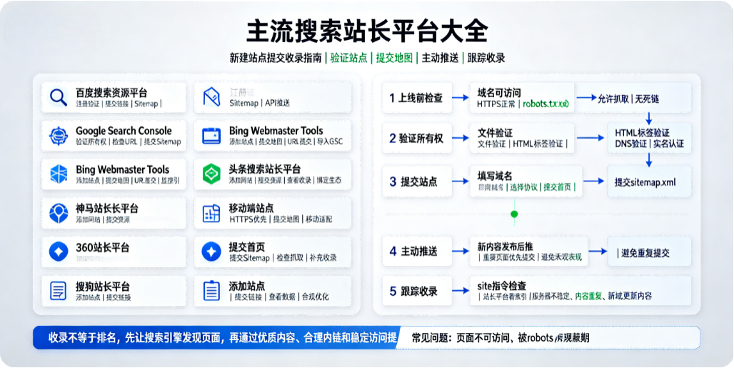 主流搜索站长平台大全与新建站点提交收录指南