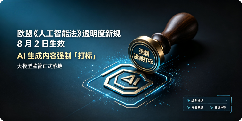 ⚖️ 欧盟《人工智能法》透明度新规 8 月 2 日生效：AI 生成内容强制「打标」，大模型监管正式落地