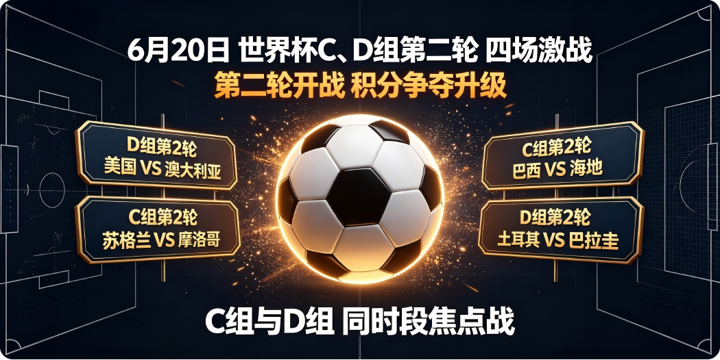 🏆 6月20日世界杯C、D组第二轮四场激战——巴西首轮爆冷被摩洛哥逼平，美国火力全开迎战澳大利亚