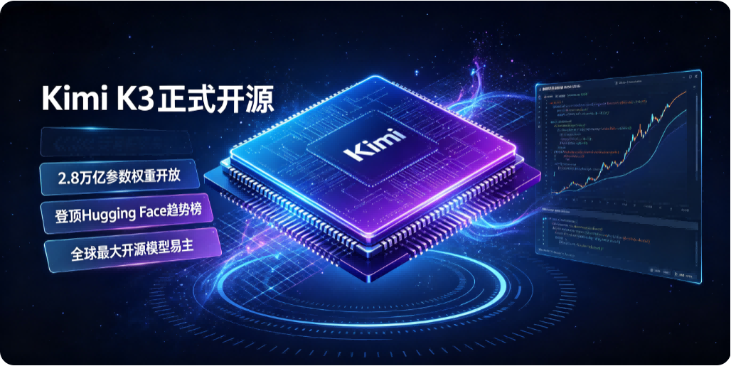 🏆 Kimi K3 正式开源：2.8 万亿参数权重开放，登顶 Hugging Face 趋势榜，全球最大开源模型易主