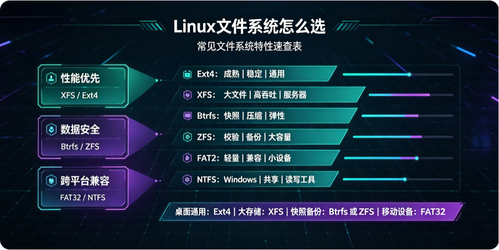 Linux 常见文件系统对比（特性、优点、缺点、适用场景）