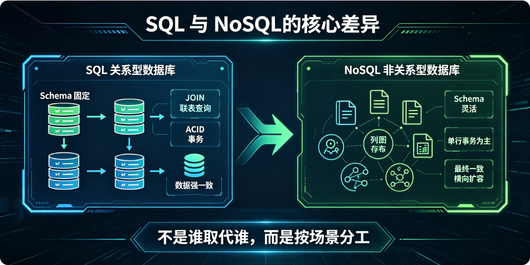 SQL（关系型数据库） vs NoSQL（非关系型数据库）核心区别